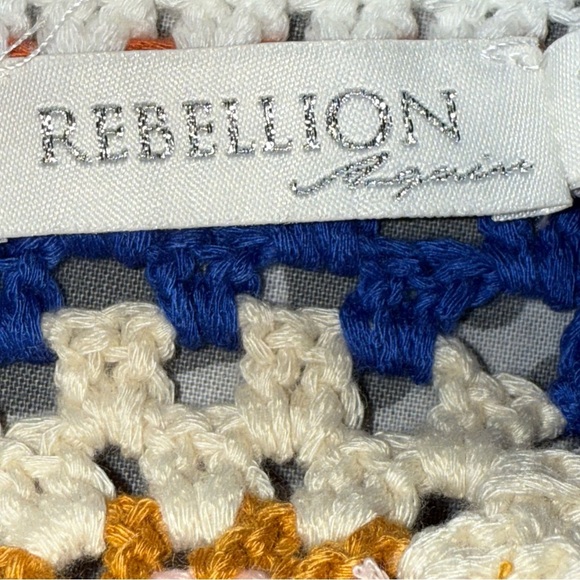 Rebellion Bohemian Hippie Crochet Fringe Dress - Blue, Orange, Cream Large - Picture 7 of 8